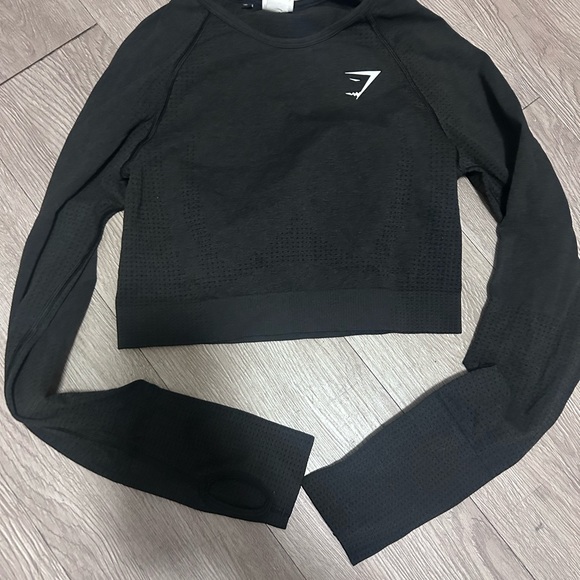 Gymshark Tops - Gymshark Black Seamless Cropped Long Sleeve Top with Logo